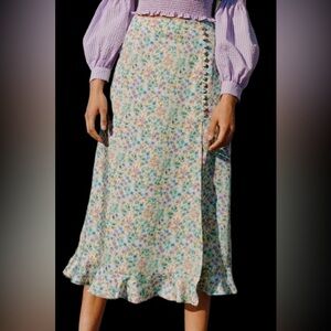 ZARA Women’s L XL Satin Floral Midi Skirt Button Slit Ruffle Hem Vintage Style